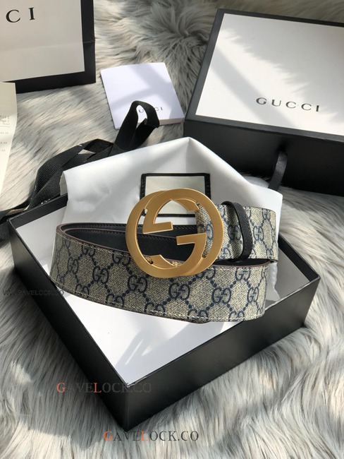 Gucci Leather Belt PVC Brown & Blue Monogram Gold Buckle